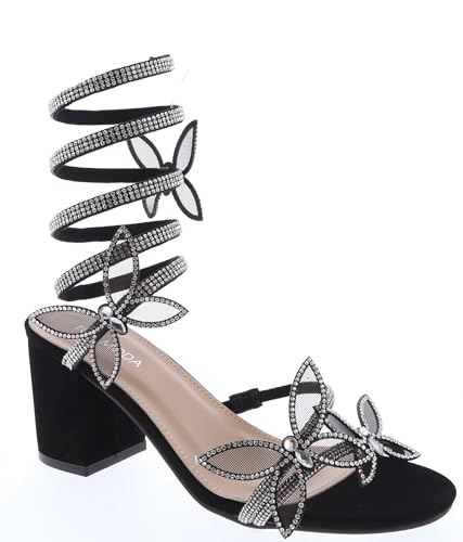 TOP Moda Butterfly Rhinestone Heeled Sandals — Black Nubuck