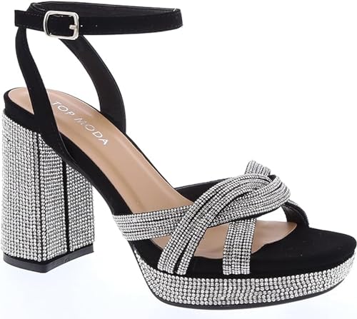 TOP Moda Lainey-35 Platform Sandals — Black Nub Rhinestone